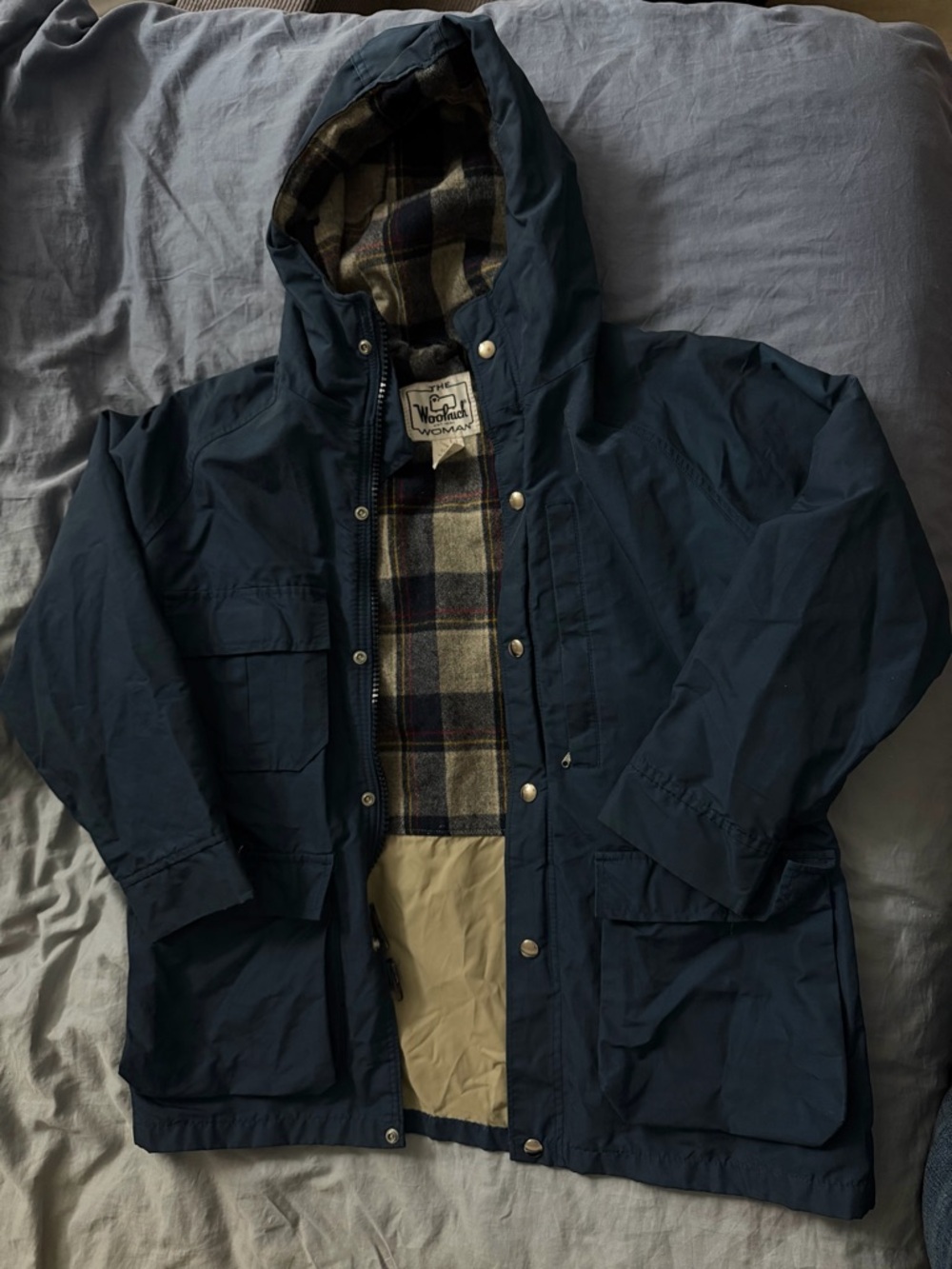 Vintage WOOLRICH Woman Navy Mountain Parka Jacket Wool Plaid Lined Gorpcore S/M